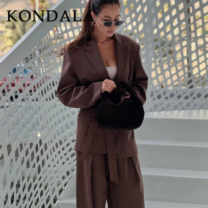 KONDALA 2026 Spring Office Lady Elegant Brown Women Suit Fashion Casual Sashes Oversized Shrug Blazer Chic Zipper Long Pant