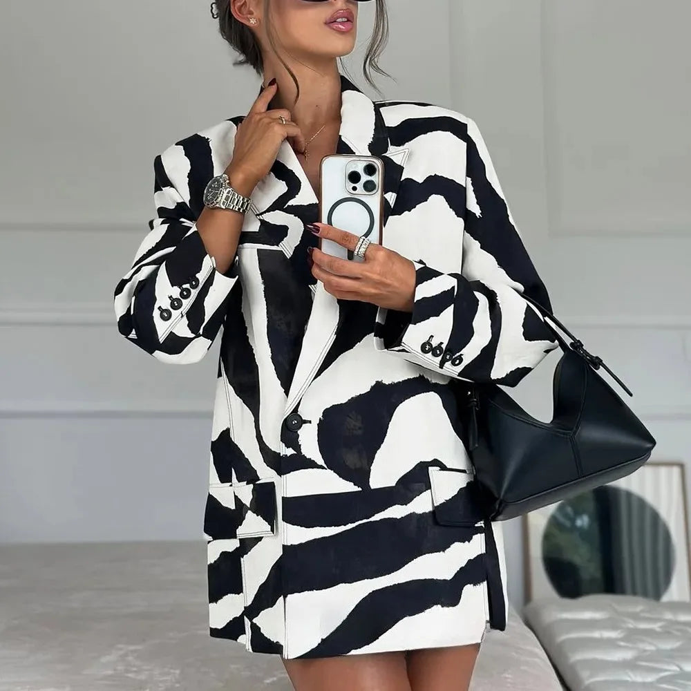 KONDALA Vintage Zebra Print Women Suits V Neck Oversized Long Blazer High Waist Wide Leg Pants Fashion 2025 Fall Streetwear Suit