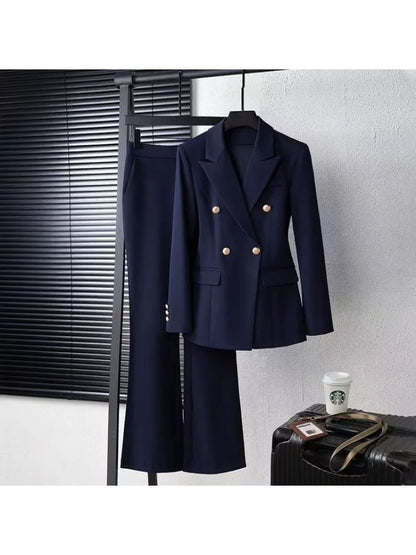 Navy Black Fashion Women Pant Suit Long Sleeve Solid Ladies Blazer and Trouser Formal 2 Piece Set For Autumn Winter