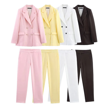 HH Women New Fashion Blazer Suit Lapel Double-Breasted Pocket Casual Coat+Chic High Waist Loose Zipper Slim Long Pants Suit