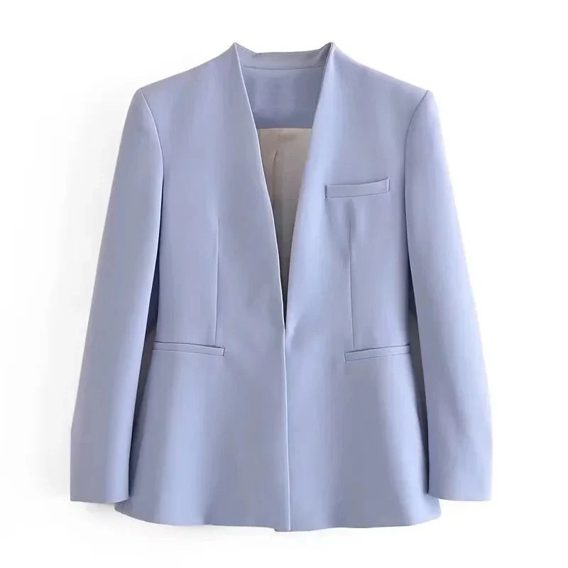 KONDALA Office Lady Light Blue Blazer Suits Women 2 Pieces V Neck Loose Jackets+High Waist Sashes Pants Fashion 2023 Autumn Sets