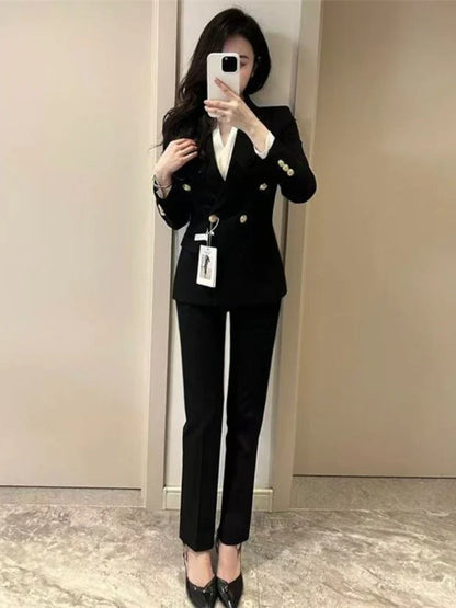 Navy Black Fashion Women Pant Suit Long Sleeve Solid Ladies Blazer and Trouser Formal 2 Piece Set For Autumn Winter