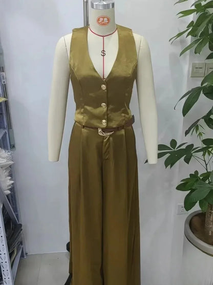KONDALA Casual Chic Yellow Satin Women Suits V Neck Buttons Vest High Waist Wide Leg Pants Fashion 2025 Summer Holiday Suits