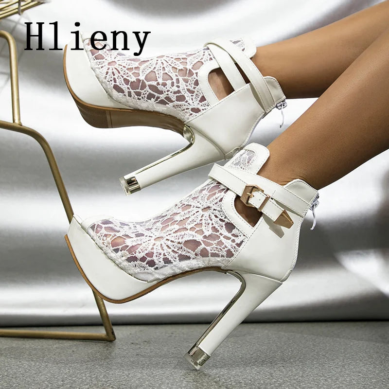 Hlieny Autumn Sexy Mesh Fabric Platform High Heels Boots Sandals Women Peep Toe Nightclub Party Stiletto Female Shoes