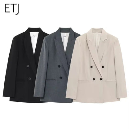 ETJ 2025  Women's Spring New suit Set with shoulder padded double-breasted blazer & high-waisted pleated wide-legged pants
