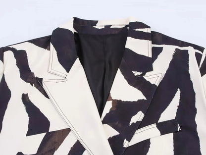 KONDALA Vintage Zebra Print Women Suits V Neck Oversized Long Blazer High Waist Wide Leg Pants Fashion 2025 Fall Streetwear Suit