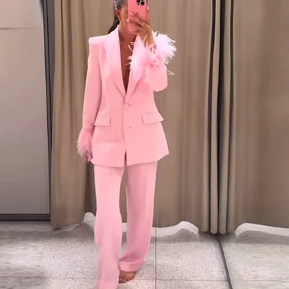 HXAO Feather Blazer And Pants Sets Women's Two Pieces Set Formal Pink Suit Woman Office Wear 2 Piece Sets Ladies Blazer Sets