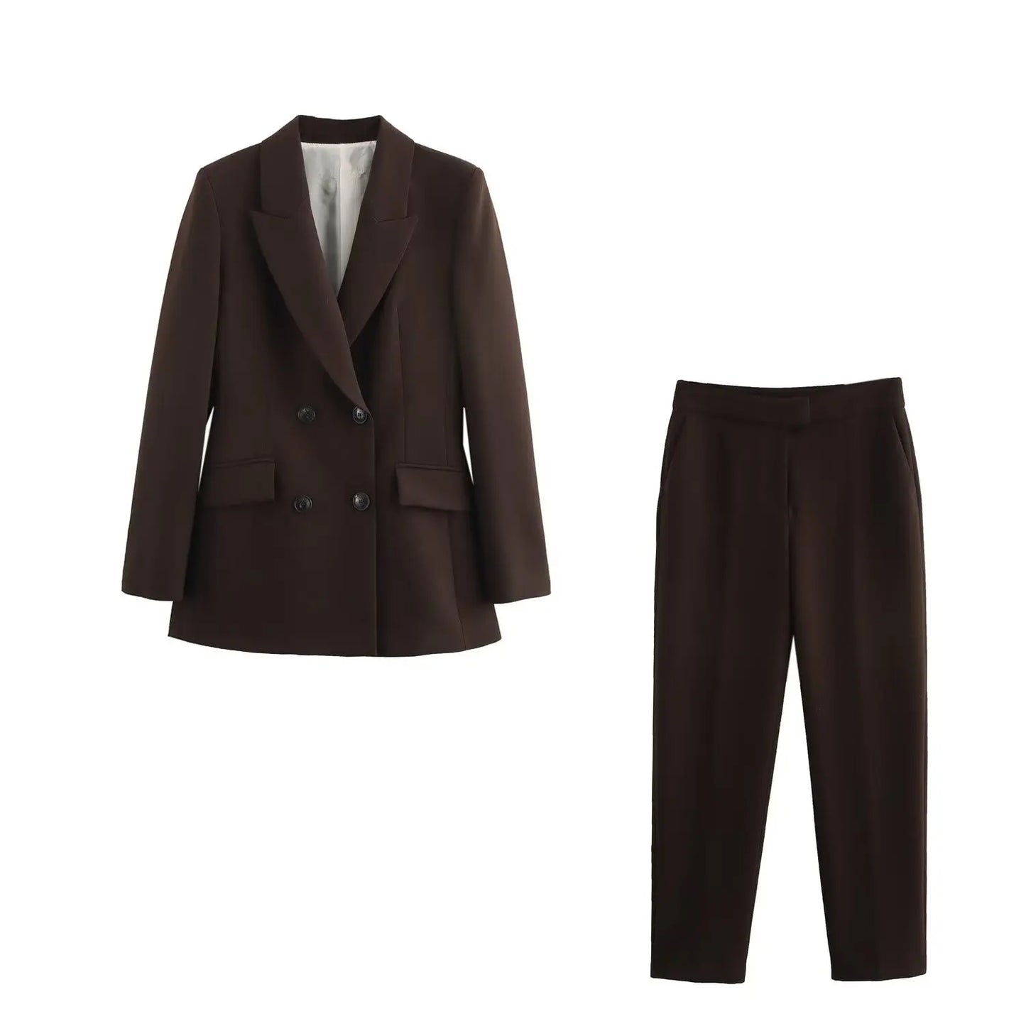 HH Women New Fashion Blazer Suit Lapel Double-Breasted Pocket Casual Coat+Chic High Waist Loose Zipper Slim Long Pants Suit