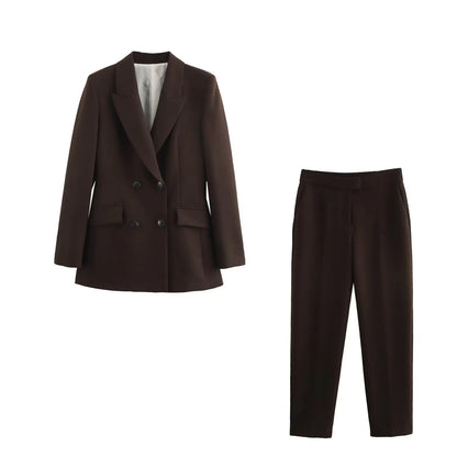 HH Women New Fashion Blazer Suit Lapel Double-Breasted Pocket Casual Coat+Chic High Waist Loose Zipper Slim Long Pants Suit