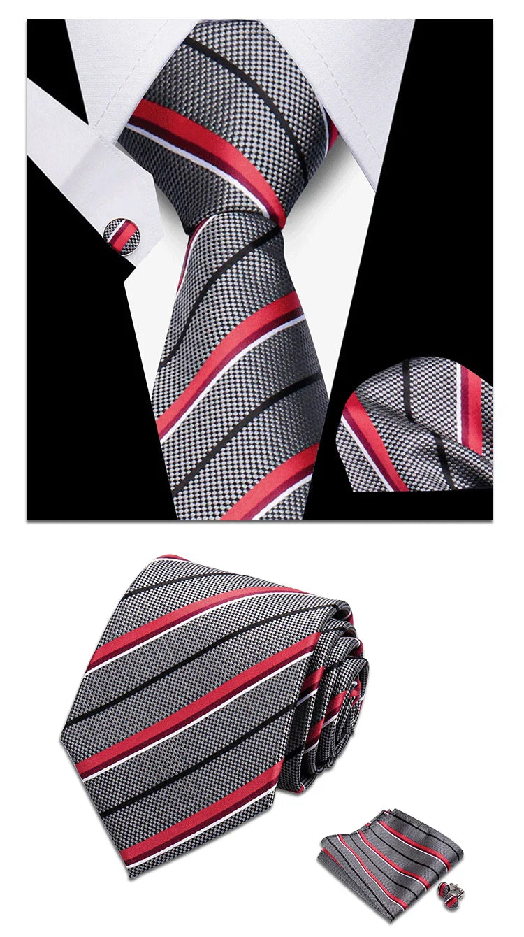 Classic Elegant Ties For Men Fashion Gifts Striped Solid Necktie Handchief Cufflink 3 Pcs Set Wedding Business Suit Accessories