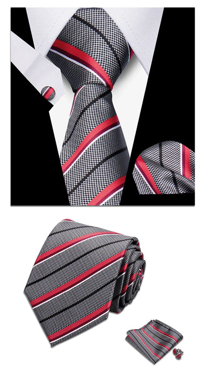 Classic Elegant Ties For Men Fashion Gifts Striped Solid Necktie Handchief Cufflink 3 Pcs Set Wedding Business Suit Accessories