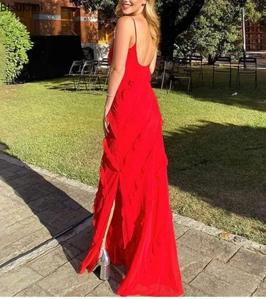 New 2026 Women's Ruffles Chiffon Maxi Dress Backlesss Split Sexy Porm Dress Red Long Summer Wedding Party Dress Elegant Vestidos