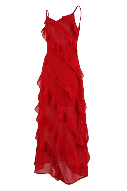 New 2026 Women's Ruffles Chiffon Maxi Dress Backlesss Split Sexy Porm Dress Red Long Summer Wedding Party Dress Elegant Vestidos