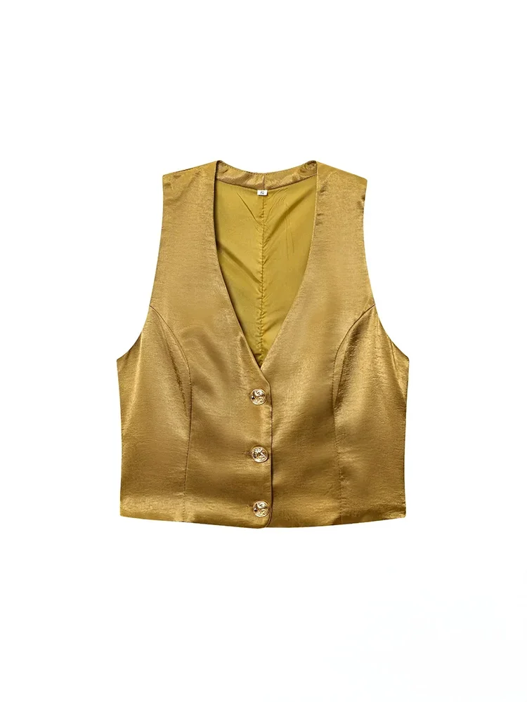 KONDALA Casual Chic Yellow Satin Women Suits V Neck Buttons Vest High Waist Wide Leg Pants Fashion 2025 Summer Holiday Suits