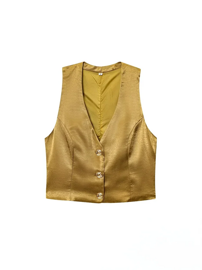 KONDALA Casual Chic Yellow Satin Women Suits V Neck Buttons Vest High Waist Wide Leg Pants Fashion 2025 Summer Holiday Suits