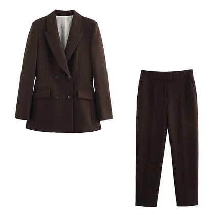HH Women New Fashion Blazer Suit Lapel Double-Breasted Pocket Casual Coat+Chic High Waist Loose Zipper Slim Long Pants Suit