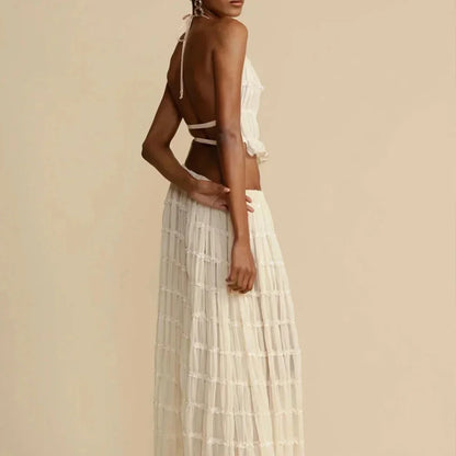 Beach Dresses Women 2024 Skirt Set Sleeveless Backless Cropped Halter Tops Drawstring Long Skirts Elegant Fashion 2 Piece Sets