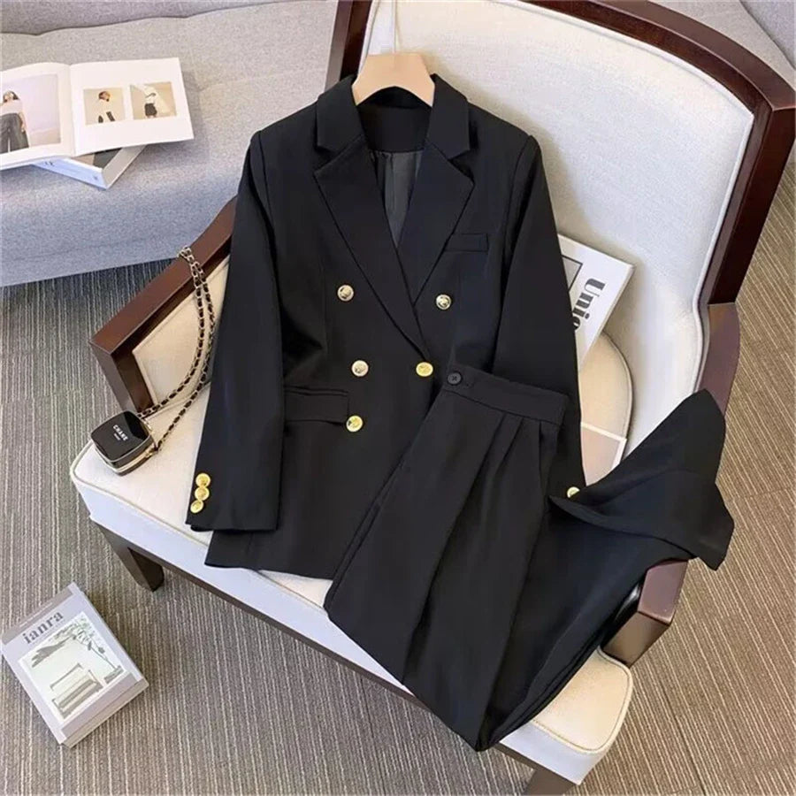 Khaki Office Double Breasted Suits Sets Women Korean New Long Sleeve Blazer Jackets Conjunto Ol High Waist Straight Pants Outfit