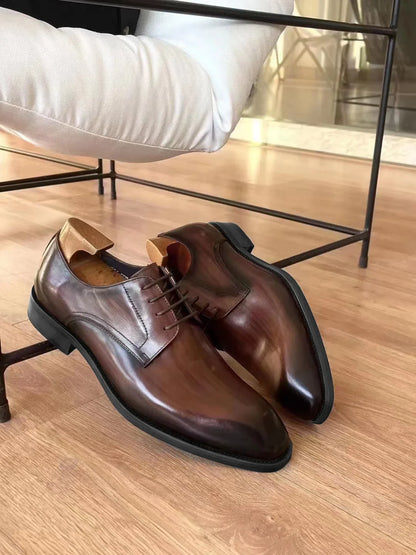 Men's Business Casual Shoes Distressed Wood Grain Square Toe Leather Derby Comfortable Office Wear Formal Dress Shoes Footwear