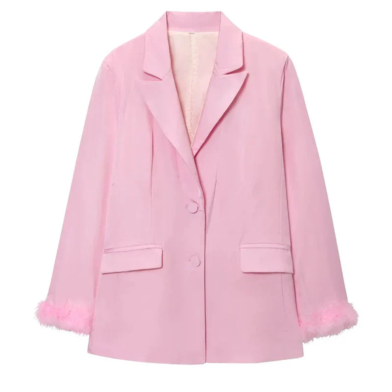 HXAO Feather Blazer And Pants Sets Women's Two Pieces Set Formal Pink Suit Woman Office Wear 2 Piece Sets Ladies Blazer Sets