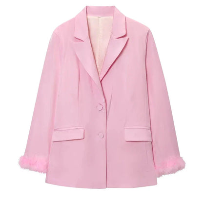 HXAO Feather Blazer And Pants Sets Women's Two Pieces Set Formal Pink Suit Woman Office Wear 2 Piece Sets Ladies Blazer Sets