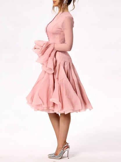 Solid Women Layered Ruffles Midi Dress Fashion Irregular Pleated A-line Long Sleeve Button Robe 2025 Female High Street Vestidos