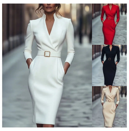 Fashion Party Bodycon Midi Dress Women 2025 Autumn Long Sleeve V-neck Slim Sashes Lace Up Dresses Elegant Robes