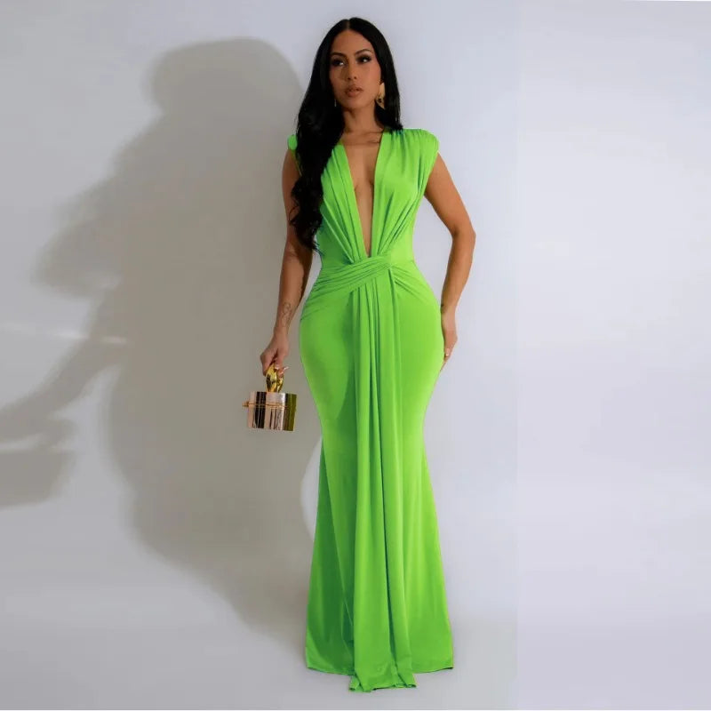 Elegant Bodycon Dresses for Women Sexy Deep V Neck Sleeveless Maxi Dress Mermaid Guest Evening Party Cocktail Long Dress Gown
