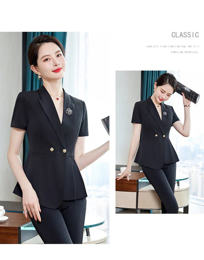NAVIU Fashion Pink Short Sleeve Professional Suit Women New Summer Elegant Formal Slim Blazer And Pants Office Ladies Work Wear