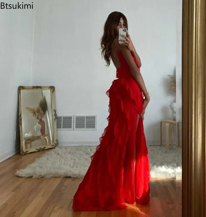 New 2026 Women's Ruffles Chiffon Maxi Dress Backlesss Split Sexy Porm Dress Red Long Summer Wedding Party Dress Elegant Vestidos