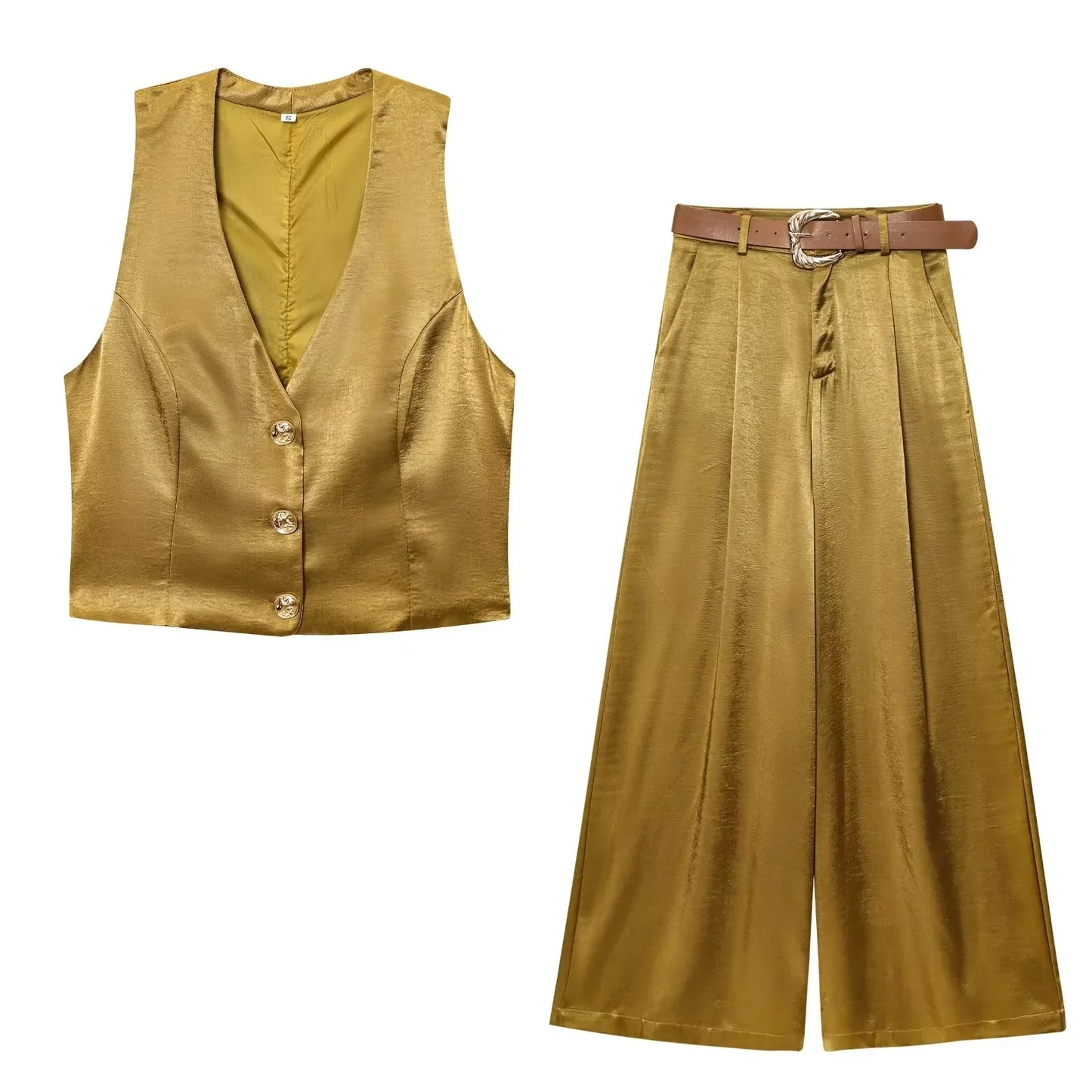 KONDALA Casual Chic Yellow Satin Women Suits V Neck Buttons Vest High Waist Wide Leg Pants Fashion 2025 Summer Holiday Suits