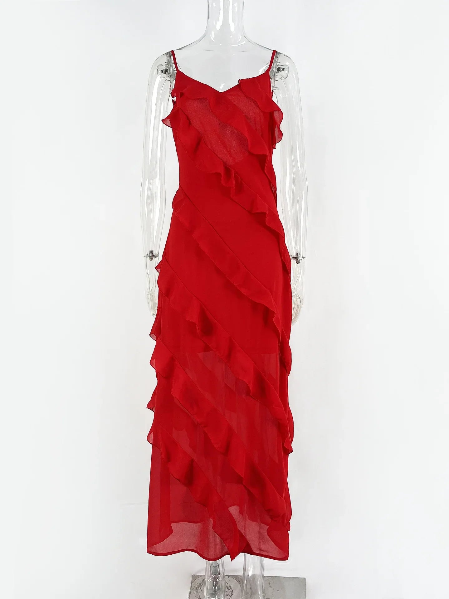 New 2026 Women's Ruffles Chiffon Maxi Dress Backlesss Split Sexy Porm Dress Red Long Summer Wedding Party Dress Elegant Vestidos