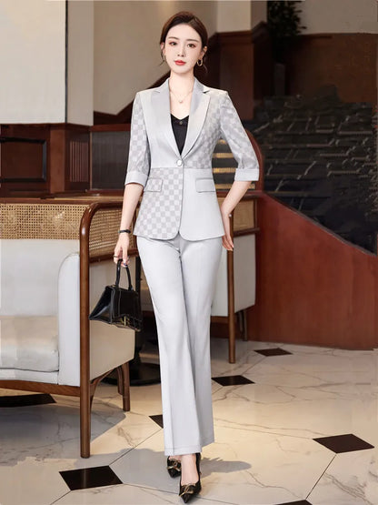 Summer Pants Sets For Women 2 Piece Set Half Sleeve Blazer &Trousers Suit Gray White Hight Quality Chic Elegant Business Outfit