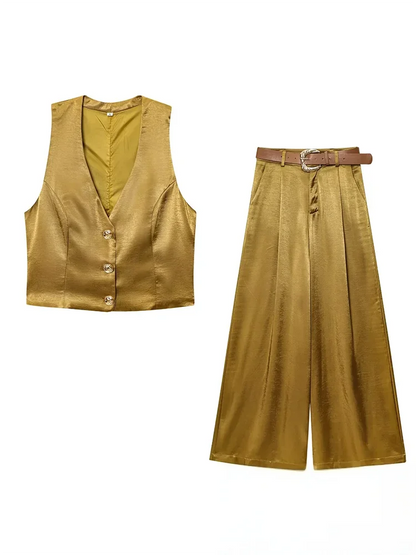 KONDALA Casual Chic Yellow Satin Women Suits V Neck Buttons Vest High Waist Wide Leg Pants Fashion 2025 Summer Holiday Suits
