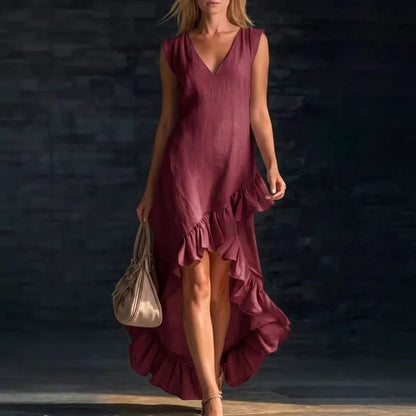 2026 Spring Sexy V Neck Solid Long Dresses Woman Elegant Ruffle Hem Irregular Party Dresses Summer Sleeveless Casual Beach Dress