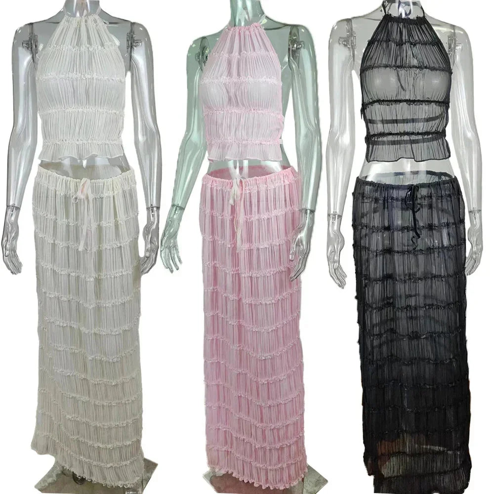 Beach Dresses Women 2024 Skirt Set Sleeveless Backless Cropped Halter Tops Drawstring Long Skirts Elegant Fashion 2 Piece Sets