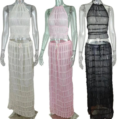 Beach Dresses Women 2024 Skirt Set Sleeveless Backless Cropped Halter Tops Drawstring Long Skirts Elegant Fashion 2 Piece Sets