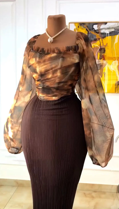 CM.YAYA Fashion Elegant Mesh Printed Women Set Street Tops + High Waist Long Skirts Suits Party Birthday Two 2 Piece Sets Dress