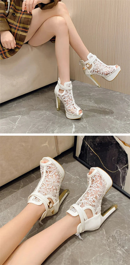 Hlieny Autumn Sexy Mesh Fabric Platform High Heels Boots Sandals Women Peep Toe Nightclub Party Stiletto Female Shoes