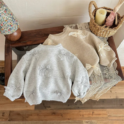Korean Style Children Clothing Autumn New Girl Baby Toddler Solid Bow Sweaters Winter Fashion Sweet Kid Princess Knitted Sweater