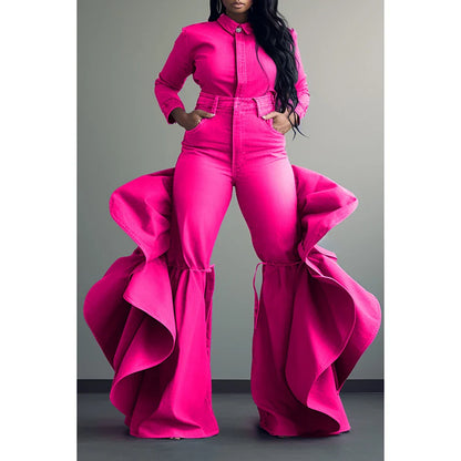Plus Size Fashionable Women's Blue Jeans High Waist Ruffle Flared Casual Pink Denim Pants Spring Black Skinny Pants