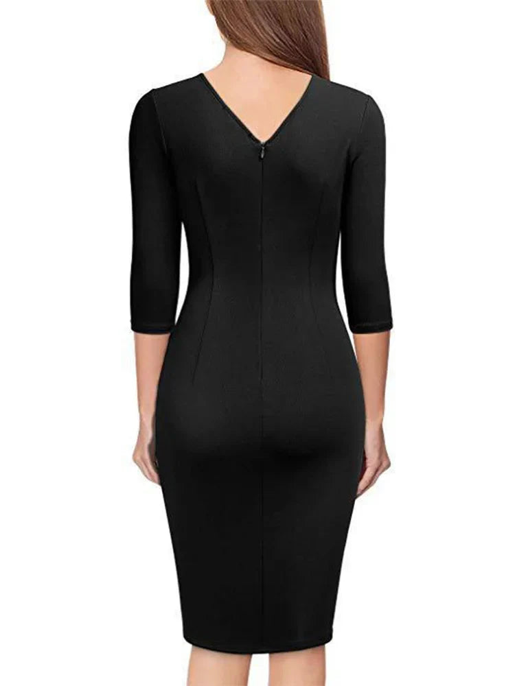 Office Lady Spring Dress V Neck Short Sleeve Dresses Women Pleat Bodycon Robe Vestido