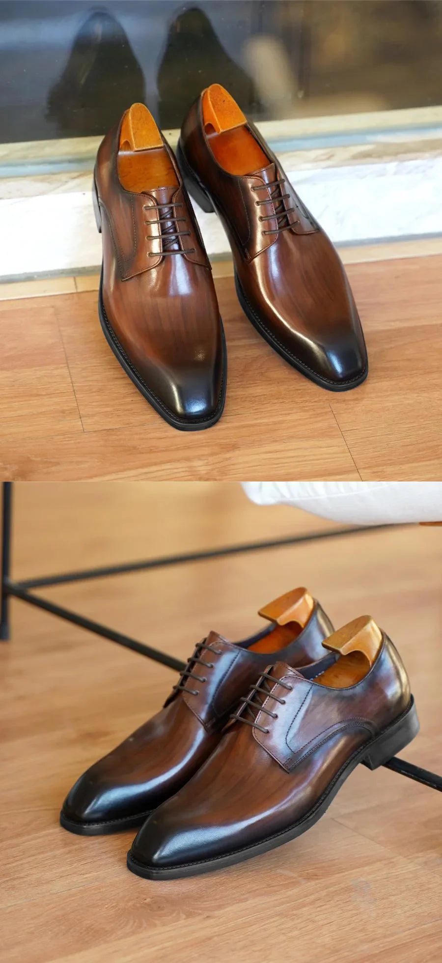 Men's Business Casual Shoes Distressed Wood Grain Square Toe Leather Derby Comfortable Office Wear Formal Dress Shoes Footwear