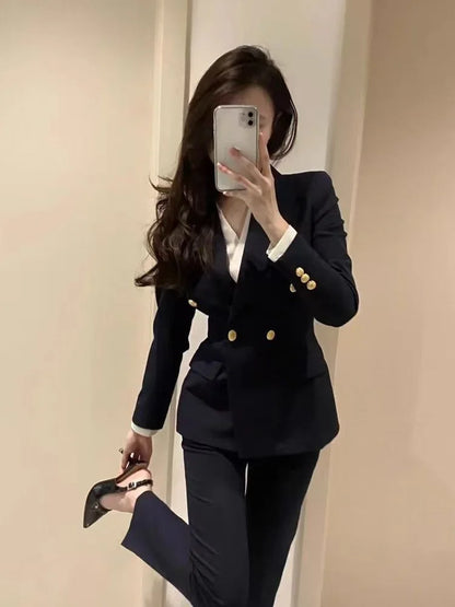 Navy Black Fashion Women Pant Suit Long Sleeve Solid Ladies Blazer and Trouser Formal 2 Piece Set For Autumn Winter