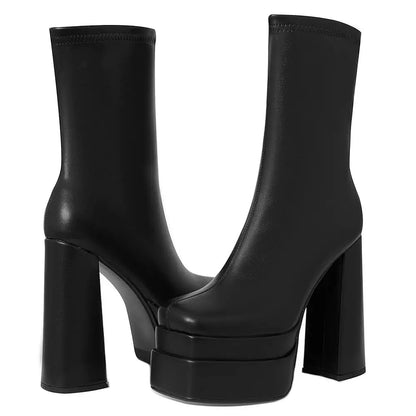 DoraTasia INS street Snap Charming Round Head Platform Chunky Heel Women's Mid-calf Boots Punk Combat Side Zipper Boots Woman