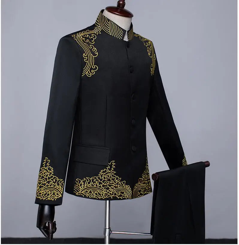 New Men Standing Collar Embroidered Suit 2 Piece Fashion Male Business Social Wedding Prom Stage Performance Dress Blazer Pant