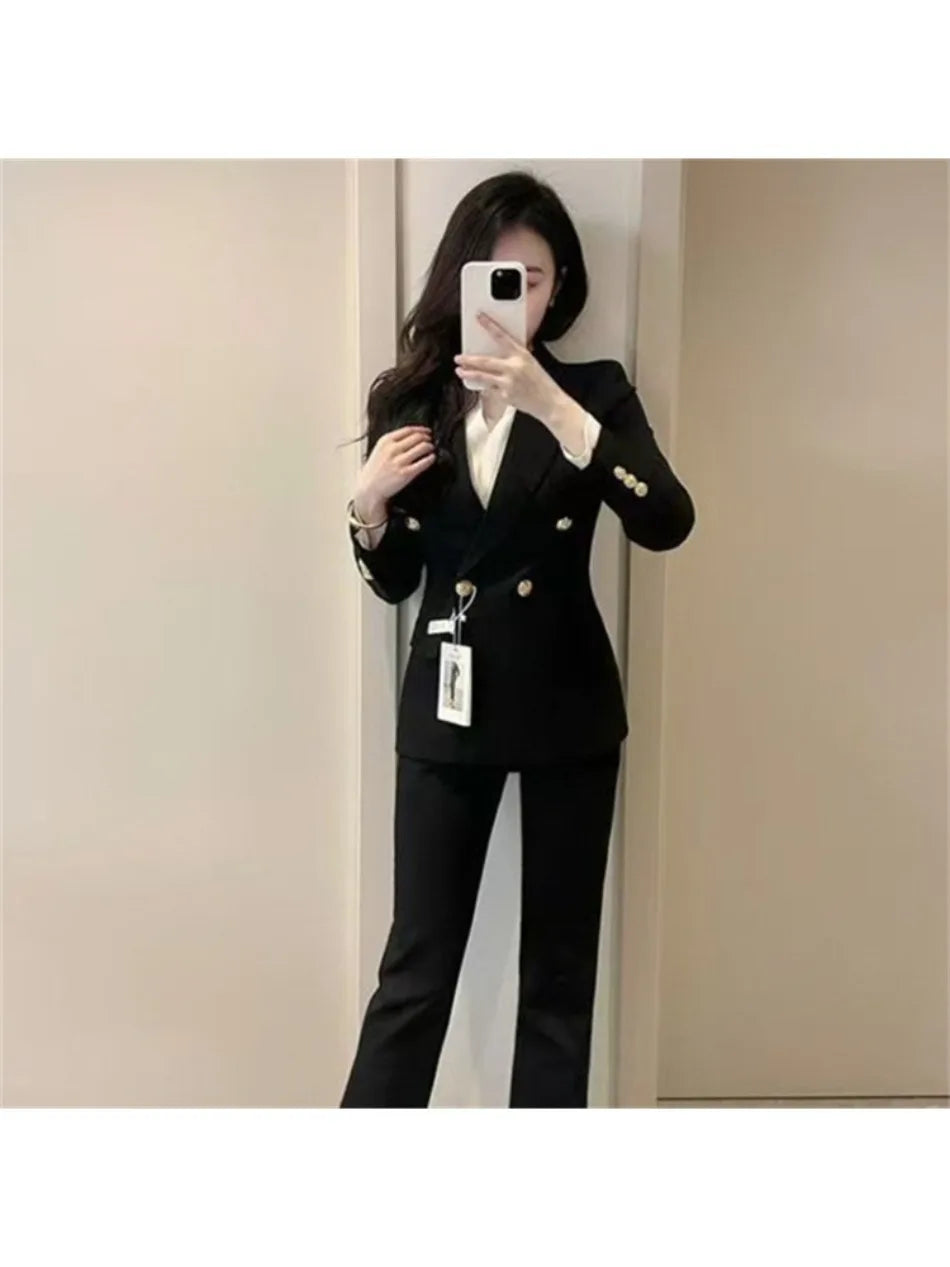 Navy Black Fashion Women Pant Suit Long Sleeve Solid Ladies Blazer and Trouser Formal 2 Piece Set For Autumn Winter