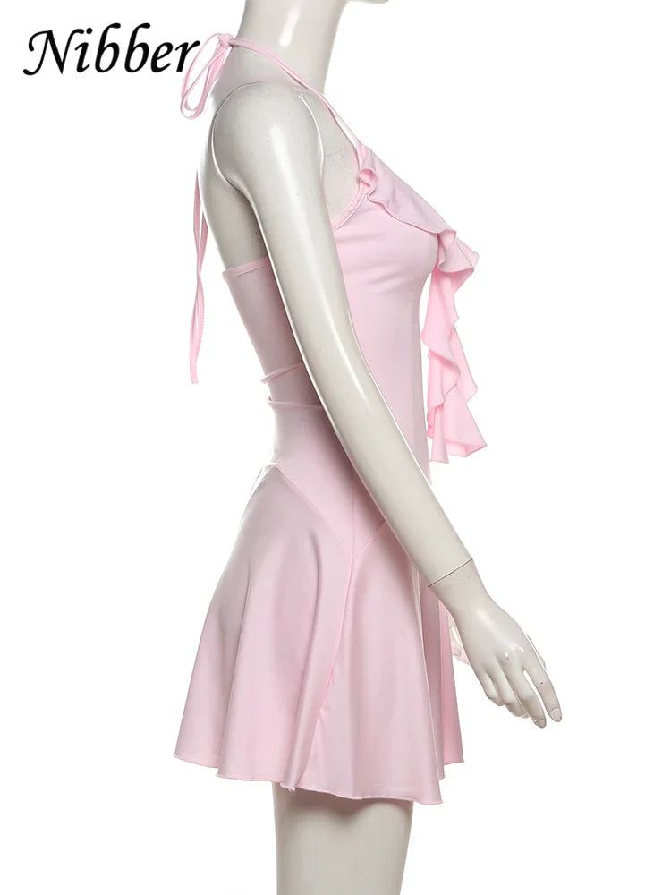 Nibber Halter Ruffles V-Neck Dress Women Backless Elegant Sexy Summer Fashion V-Neck Solid Birthday Party Clubwear Mini Bodycon