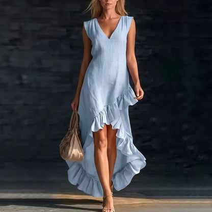 2026 Spring Sexy V Neck Solid Long Dresses Woman Elegant Ruffle Hem Irregular Party Dresses Summer Sleeveless Casual Beach Dress