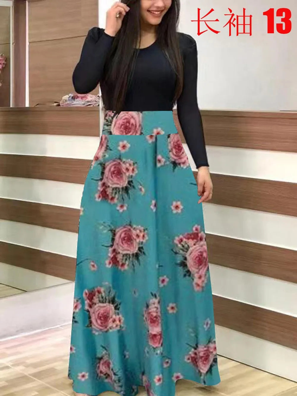 Autumn hot selling European and American flower color matching dresses, long dresses, women's clothing in stock